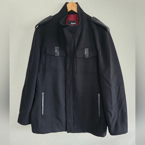 Murano Wool Blend Jacket Coat XL Men's Black Leather Trim Military Heavy 90s Y2k - Picture 3 of 16